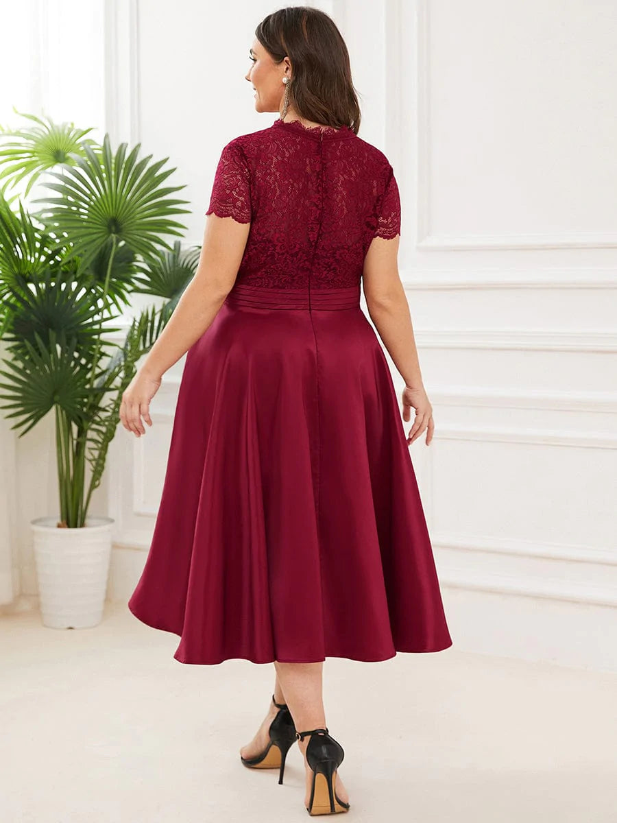 Elegantes Midi-Abendkleid mit V-Ausschnitt und gestickter Blume und kurzen Ärmeln 40400 #farbe_burgundy