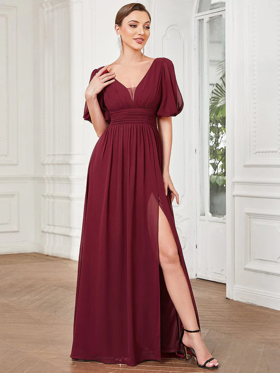 Größe Nach Maß KurzÄrmliges Chiffon-Abendkleid mit V-Ausschnitt und Schlitz #Farbe_Burgundy