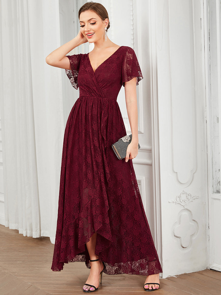 Größe Nach Maß Kurzärmliges Spitzen-Abendkleid in A-Linie mit Rüschen und V-Ausschnitt #farbe_burgundy
