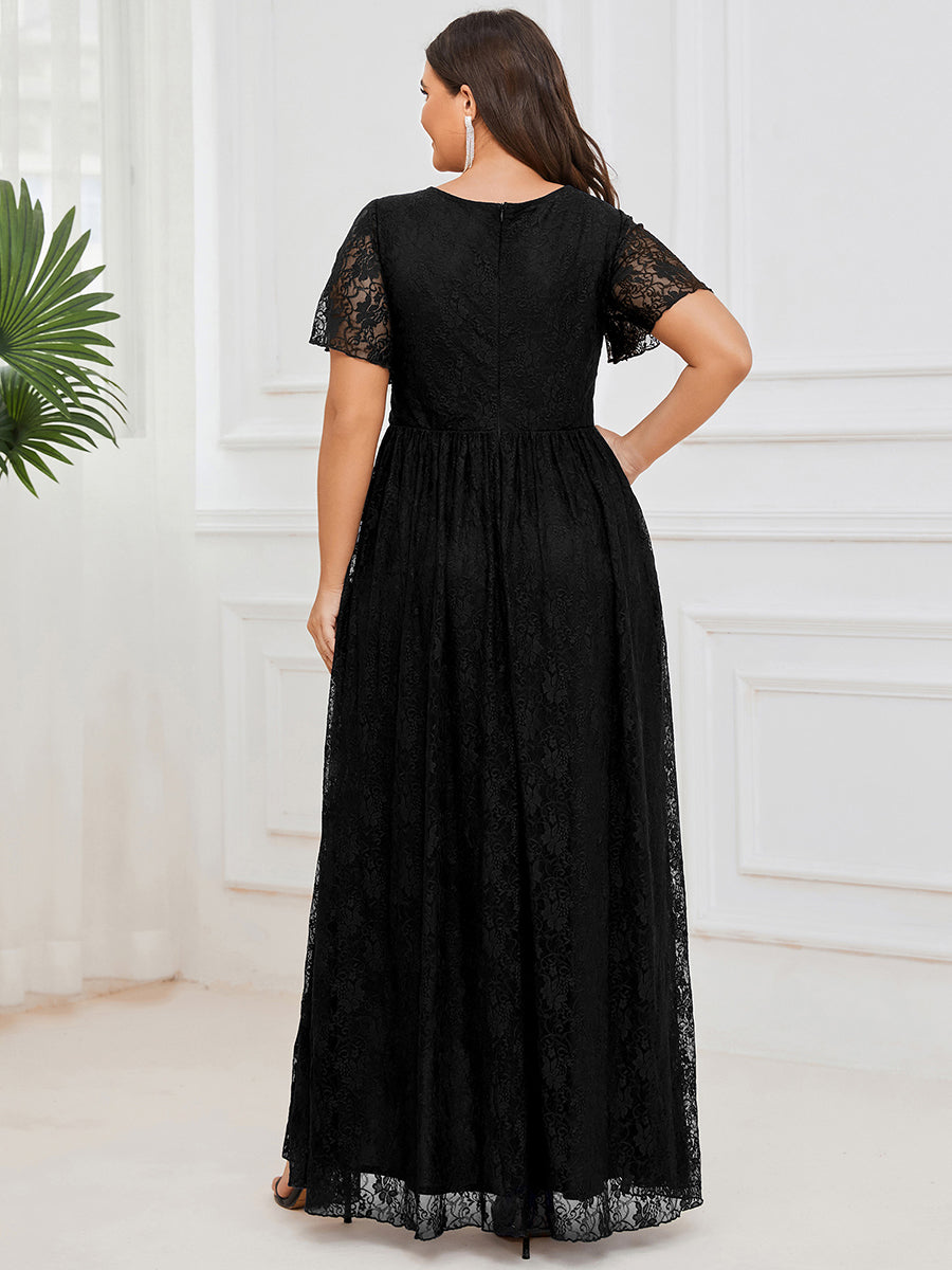 Größe Nach Maß Kurzärmliges Spitzen-Abendkleid in A-Linie mit Rüschen und V-Ausschnitt #farbe_schwarz