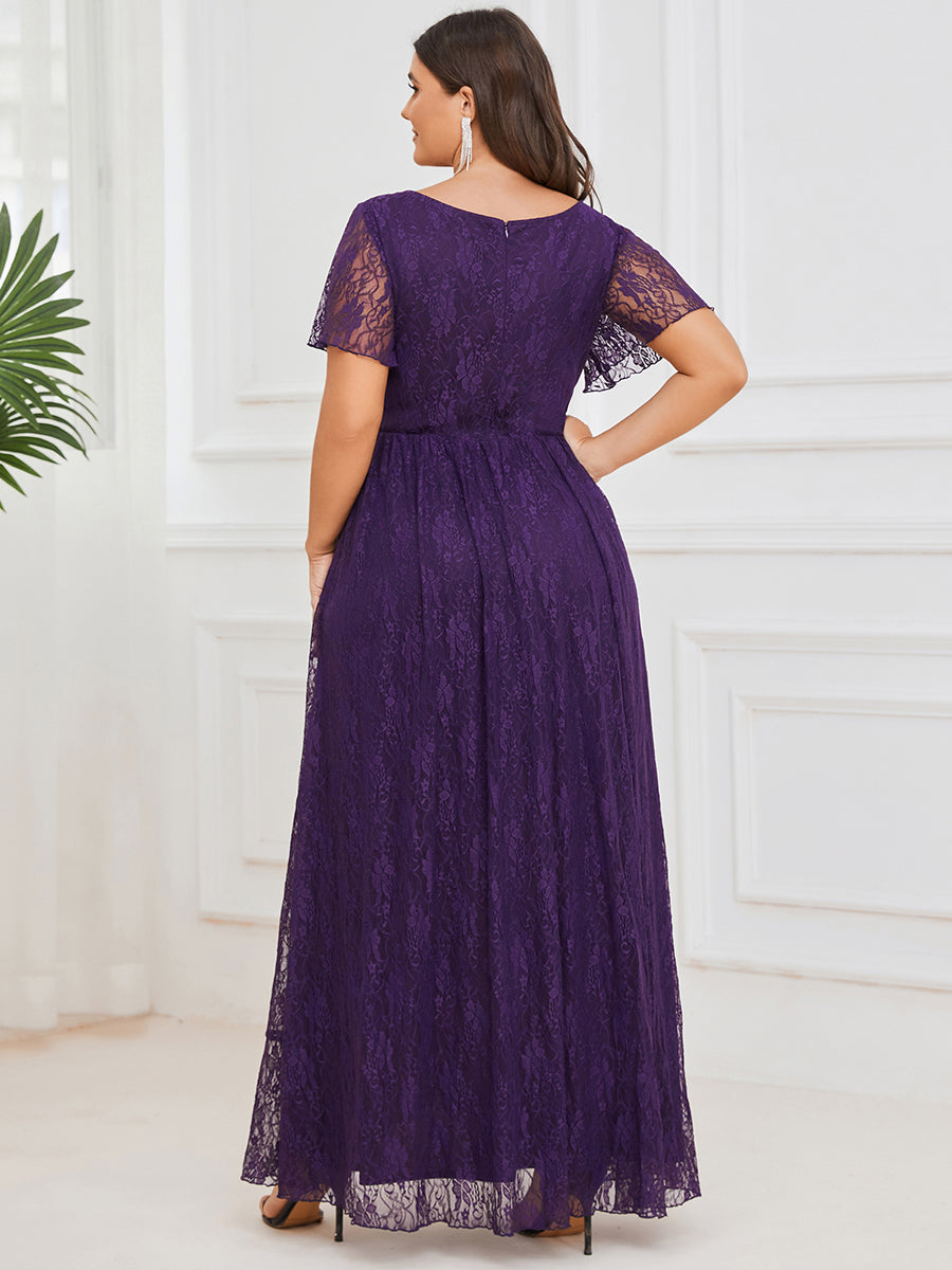 Größe Nach Maß Kurzärmliges Spitzen-Abendkleid in A-Linie mit Rüschen und V-Ausschnitt #farbe_dunkel violett