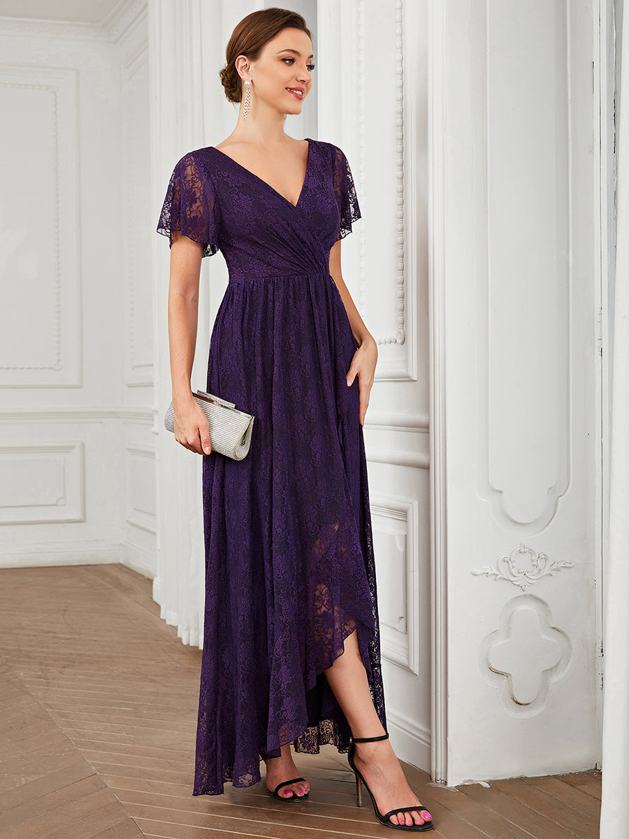 Größe Nach Maß Kurzärmliges Spitzen-Abendkleid in A-Linie mit Rüschen und V-Ausschnitt #farbe_dunkel violett