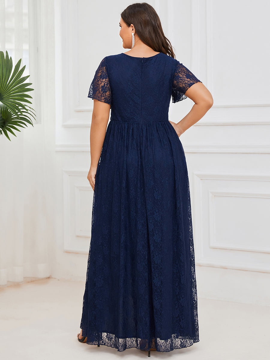 Größe Nach Maß Kurzärmliges Spitzen-Abendkleid in A-Linie mit Rüschen und V-Ausschnitt #farbe_navy blau