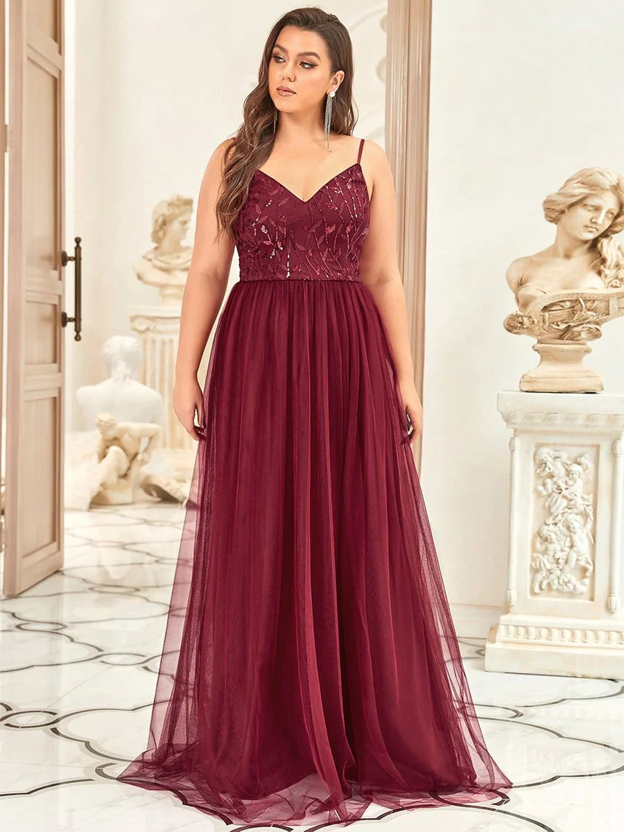 Plus Size V Hals Floral Pailletten Träger Maxi Abendkleid #Farbe_Burgundy