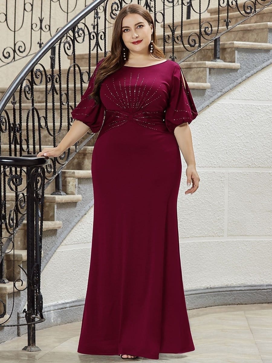 Color=Burgundy | Plus Size Trendy Bodenlanges Abendkleid Mit Rundem Hals Für Frauen 00544-Burgundy 9