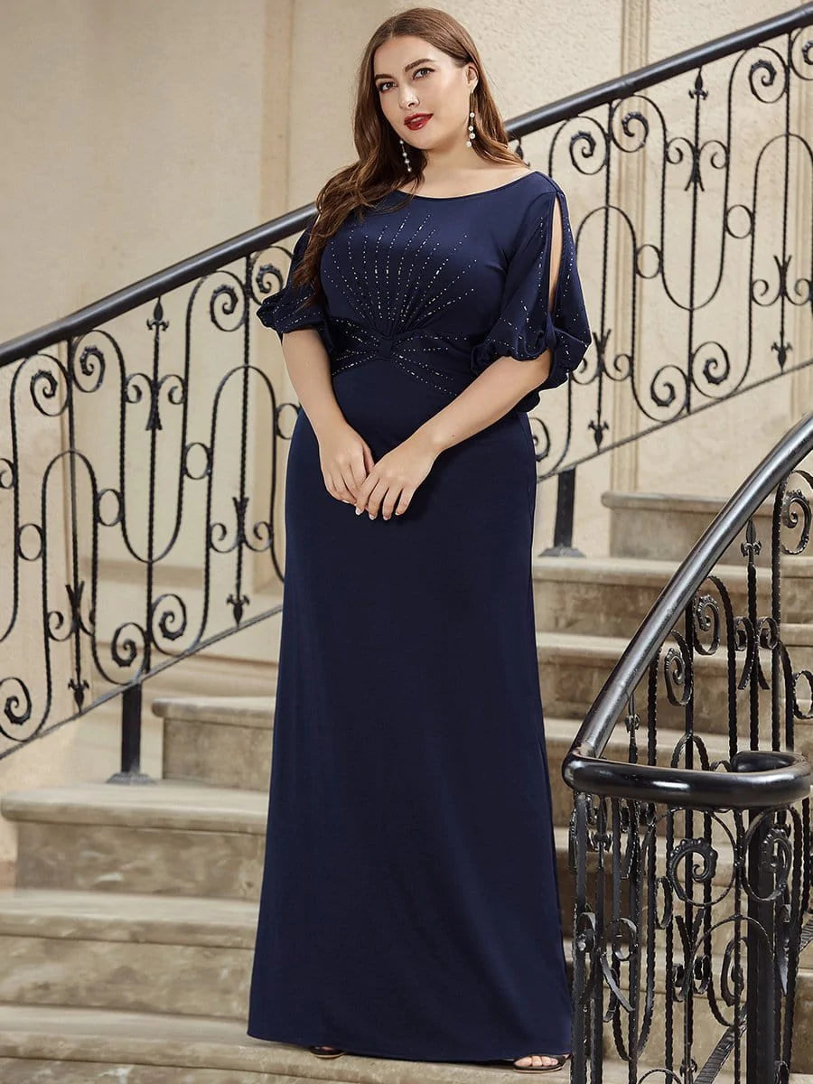 Color=Navy Blau | Plus Size Trendy Bodenlanges Abendkleid Mit Rundem Hals Für Frauen 00544-Navy Blau 3