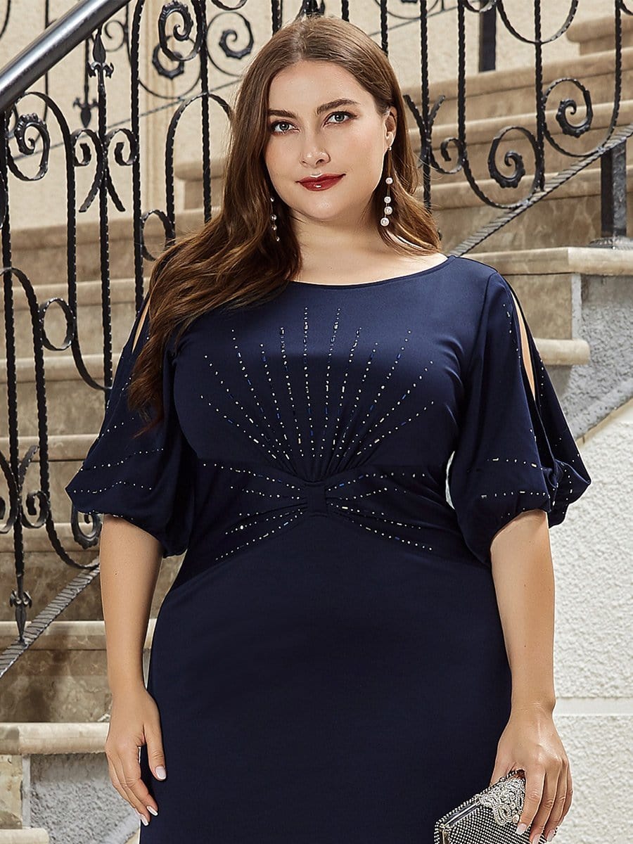 Color=Navy Blau | Plus Size Trendy Bodenlanges Abendkleid Mit Rundem Hals Für Frauen 00544-Navy Blau 5