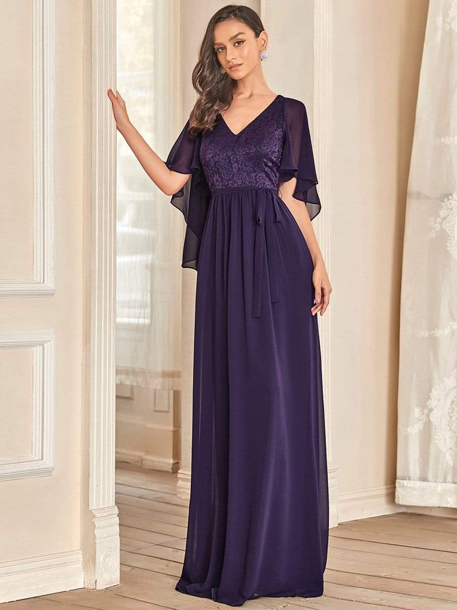 Color=Dunkel Violett | Elegantes Maxi-Abendkleid aus Chiffon mit tiefem V-Ausschnitt-Dunkel Violett 4