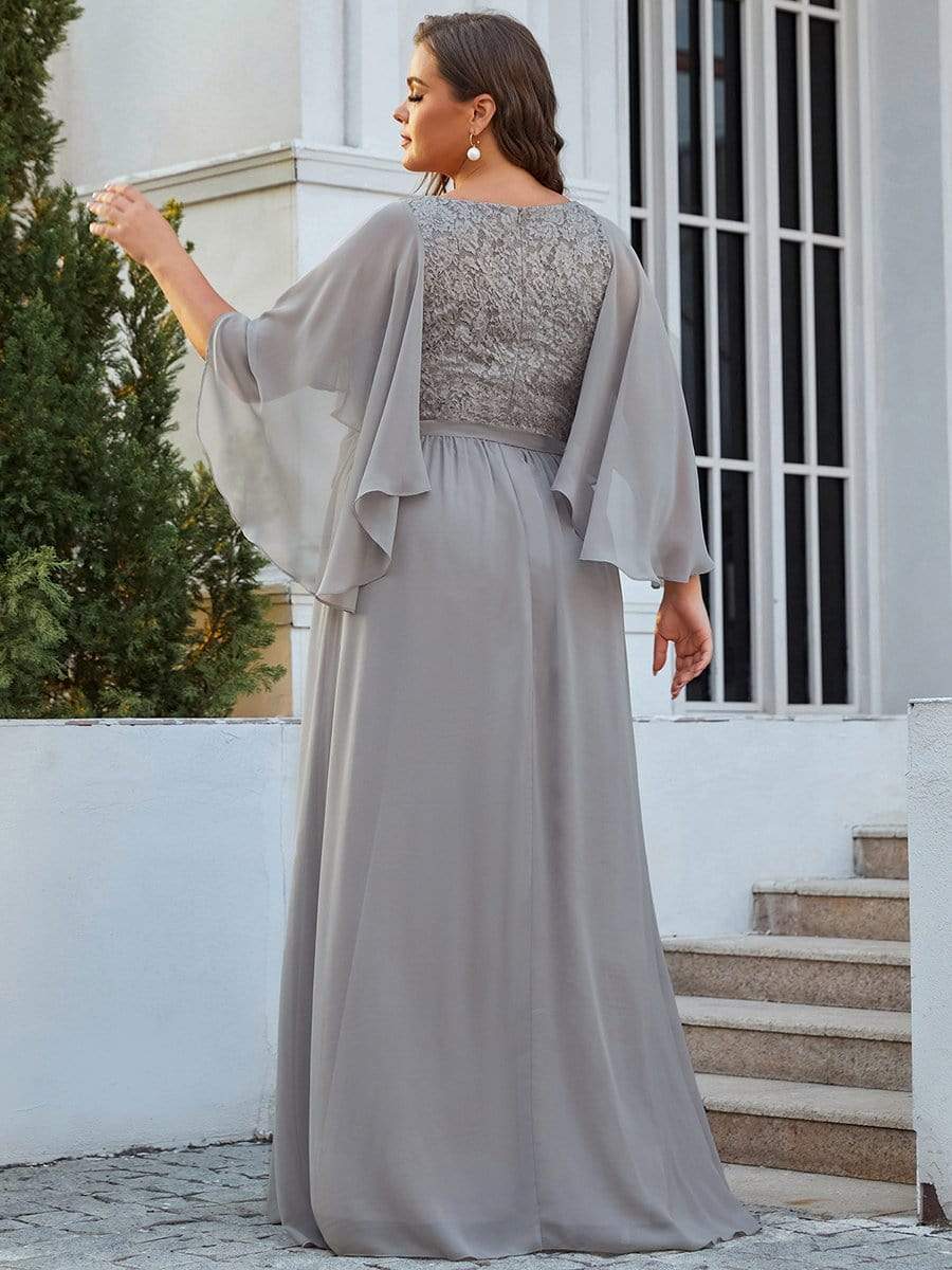 Color=Grau | Elegantes Maxi-Abendkleid aus Chiffon mit tiefem V-Ausschnitt-Grau 7
