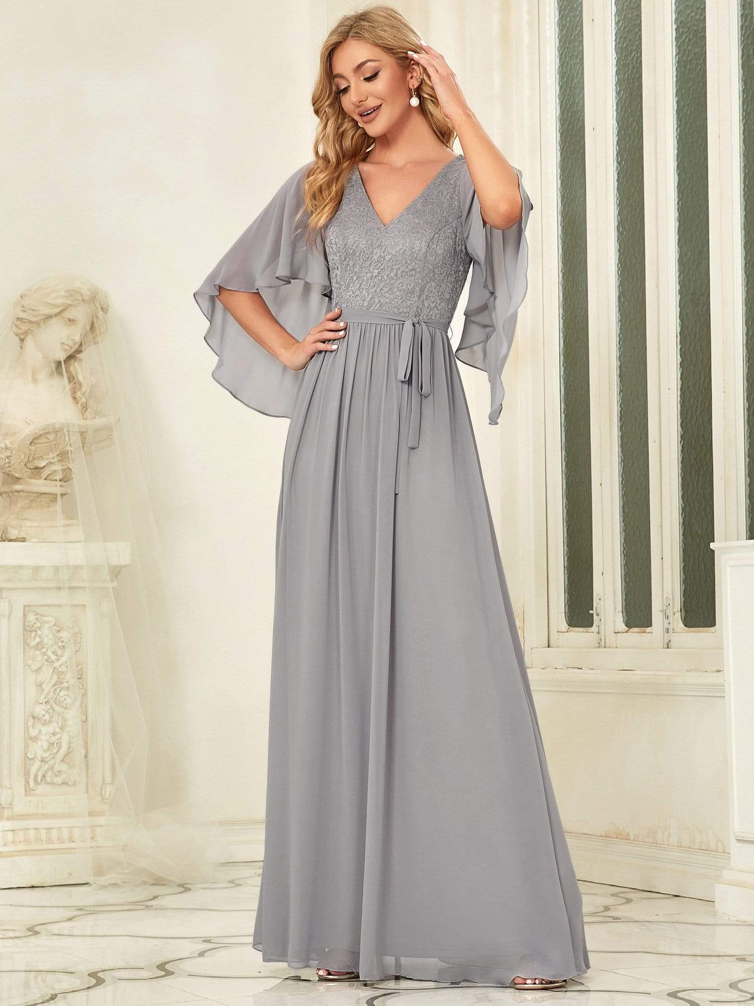 Color=Grau | Elegantes Maxi-Abendkleid aus Chiffon mit tiefem V-Ausschnitt-Grau 3