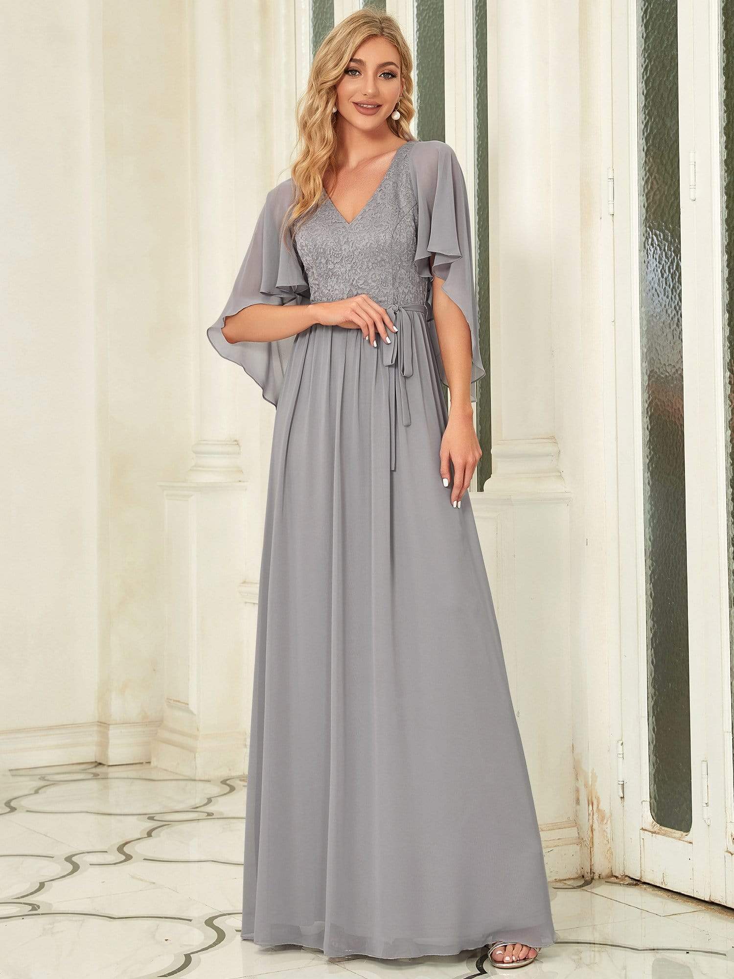 Color=Grau | Elegantes Maxi-Abendkleid aus Chiffon mit tiefem V-Ausschnitt-Grau 4