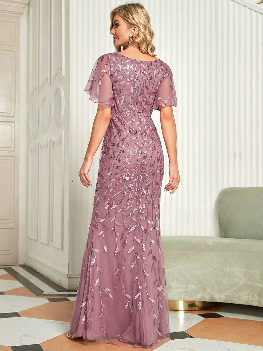 Color=Orchid | Frauen V-Ausschnitt Funkelnde Stickerei Meerjungfrau Abend Partykleid 00692-Orchid 2