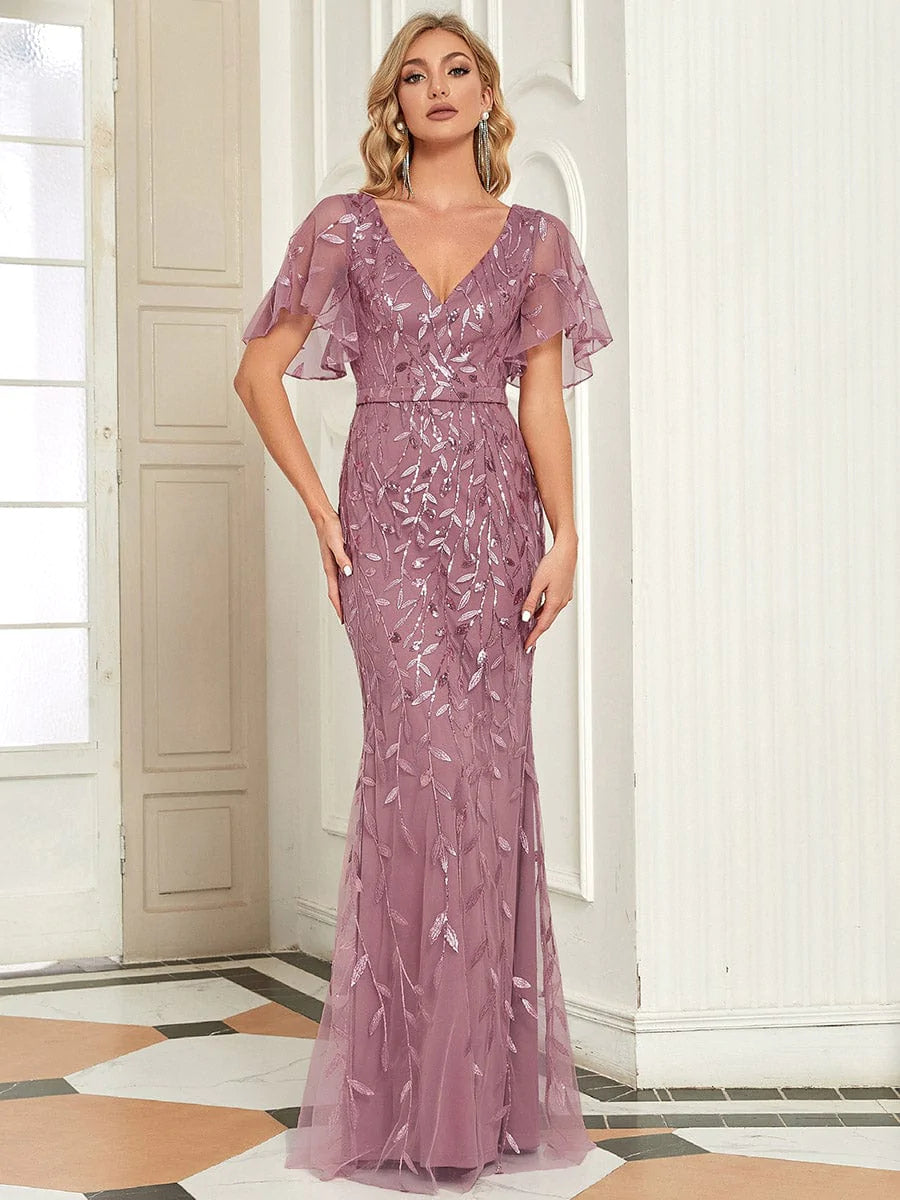 Color=Orchid | Frauen V-Ausschnitt Funkelnde Stickerei Meerjungfrau Abend Partykleid 00692-Orchid 1