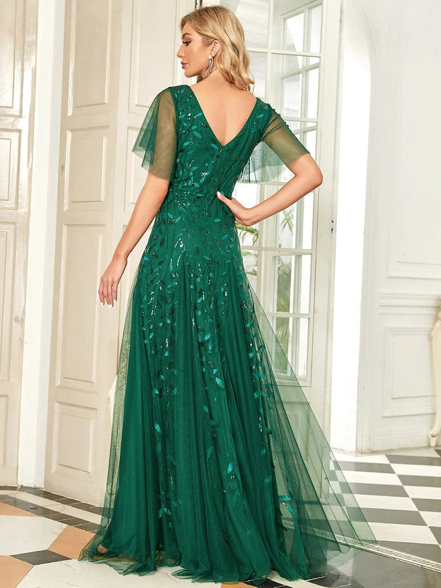 Color=Dark Green | Romantisch Schimmernde Rueschenaermel Maxi Abendkleider Mit V-Ausschnitt-Dark Green 2