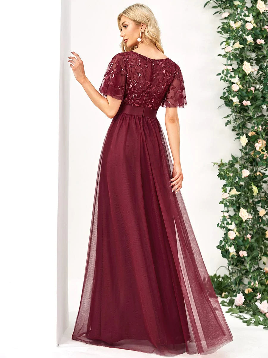 Größe Nach Maß Damen A-Line Kurzarm Stickerei Bodenlanges Abendkleid #Farbe_Burgundy