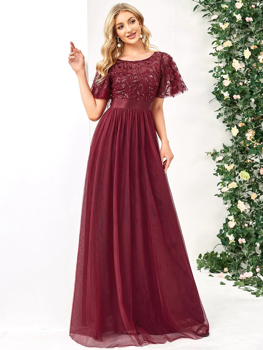 Größe Nach Maß Damen A-Line Kurzarm Stickerei Bodenlanges Abendkleid #Farbe_Burgundy