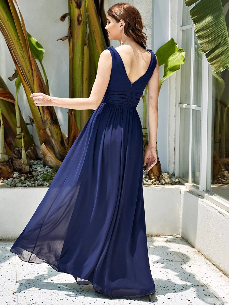Größe Nach MaßDamen V-Ausschnitt Lange Chiffon Abendkleider Festkleider 09016 #farbe_Navy Blau