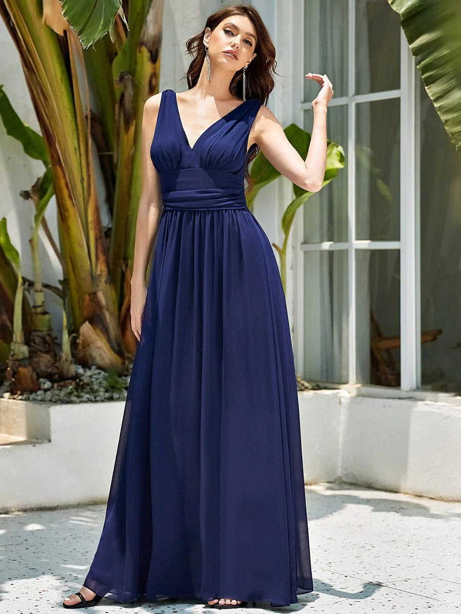 Größe Nach MaßDamen V-Ausschnitt Lange Chiffon Abendkleider Festkleider 09016 #farbe_Navy Blau