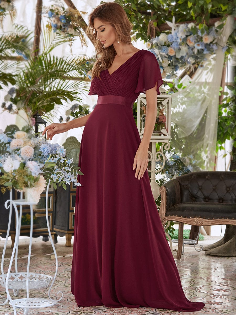 Größe Nach Maß Damen V-Ausschnitt Lange Chiffon Abendkleider mit Schleppe #Farbe_Burgundy