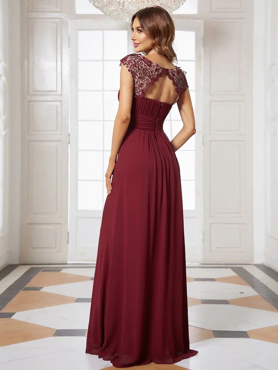 Größe Nach Maß Damen Kurzarm Spitze&Chiffon Lange Abendkleider mit offenem Rücken 09996 #Farbe_Burgundy