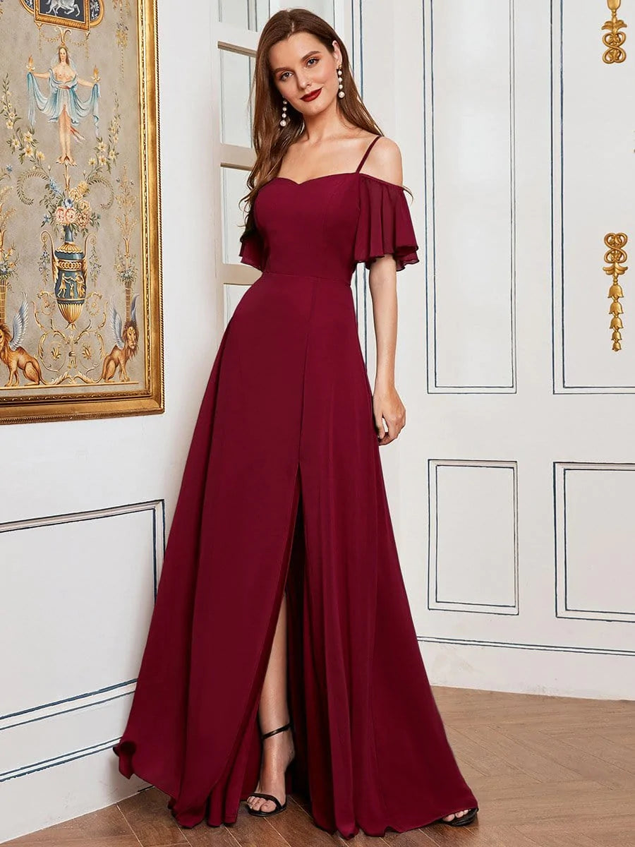 Größe Nach Maß Stilvolles bodenlanges Brautjungfernkleid mit kalter Schulter und seitlichem Schlitz #farbe_Burgundy