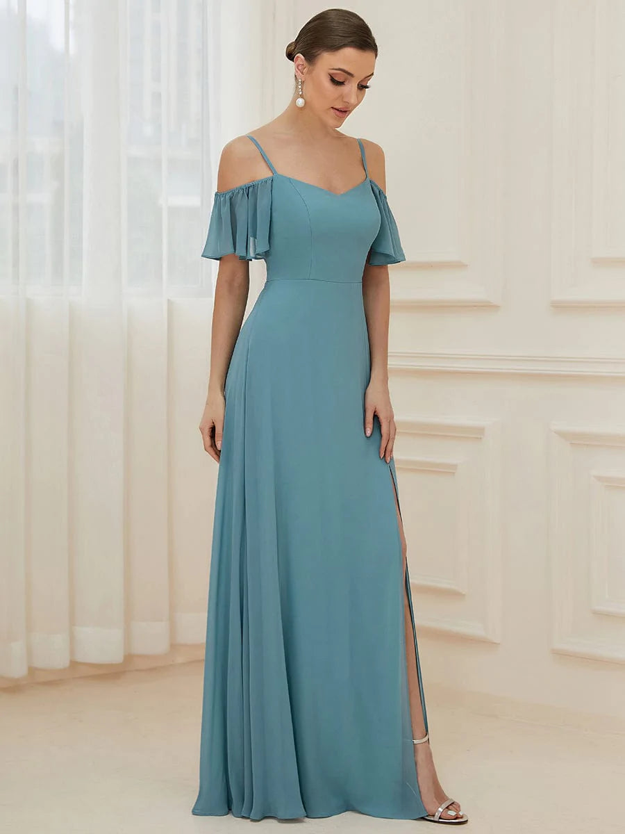 Größe Nach Maß Stilvolles bodenlanges Brautjungfernkleid mit kalter Schulter und seitlichem Schlitz #farbe_Dusty Blau