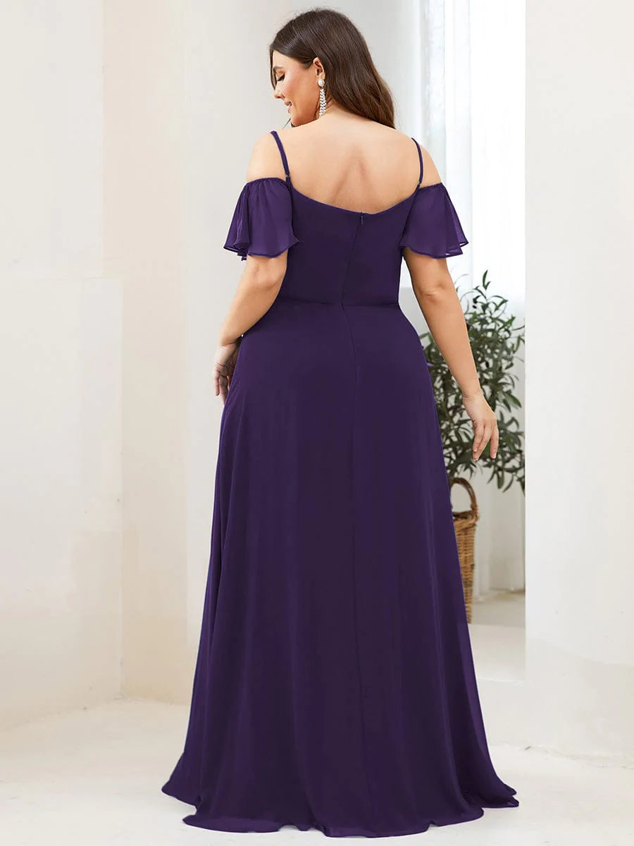 Größe Nach Maß Stilvolles bodenlanges Brautjungfernkleid mit kalter Schulter und seitlichem Schlitz #farbe_Dunkel Violett