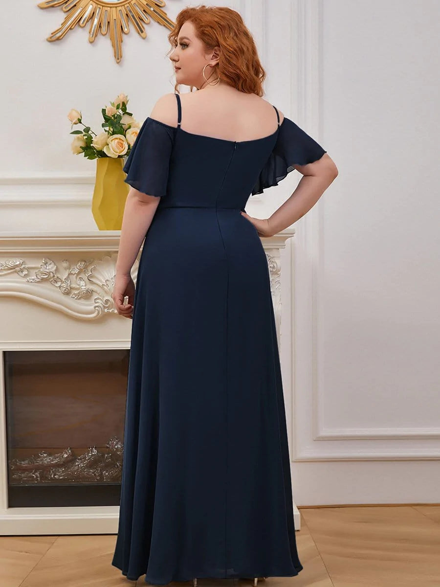 Größe Nach Maß Stilvolles bodenlanges Brautjungfernkleid mit kalter Schulter und seitlichem Schlitz #farbe_Navy Blau