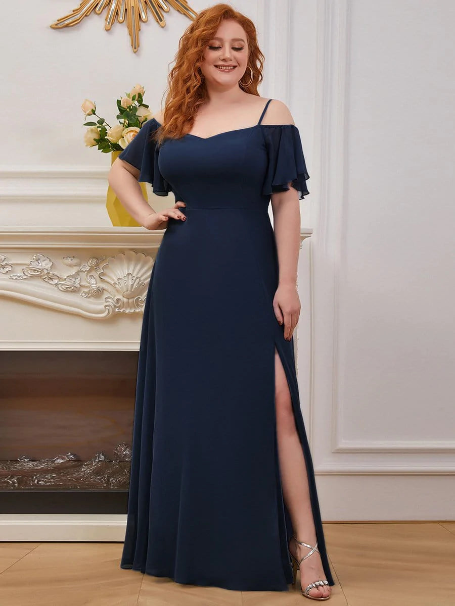 Größe Nach Maß Stilvolles bodenlanges Brautjungfernkleid mit kalter Schulter und seitlichem Schlitz #farbe_Navy Blau
