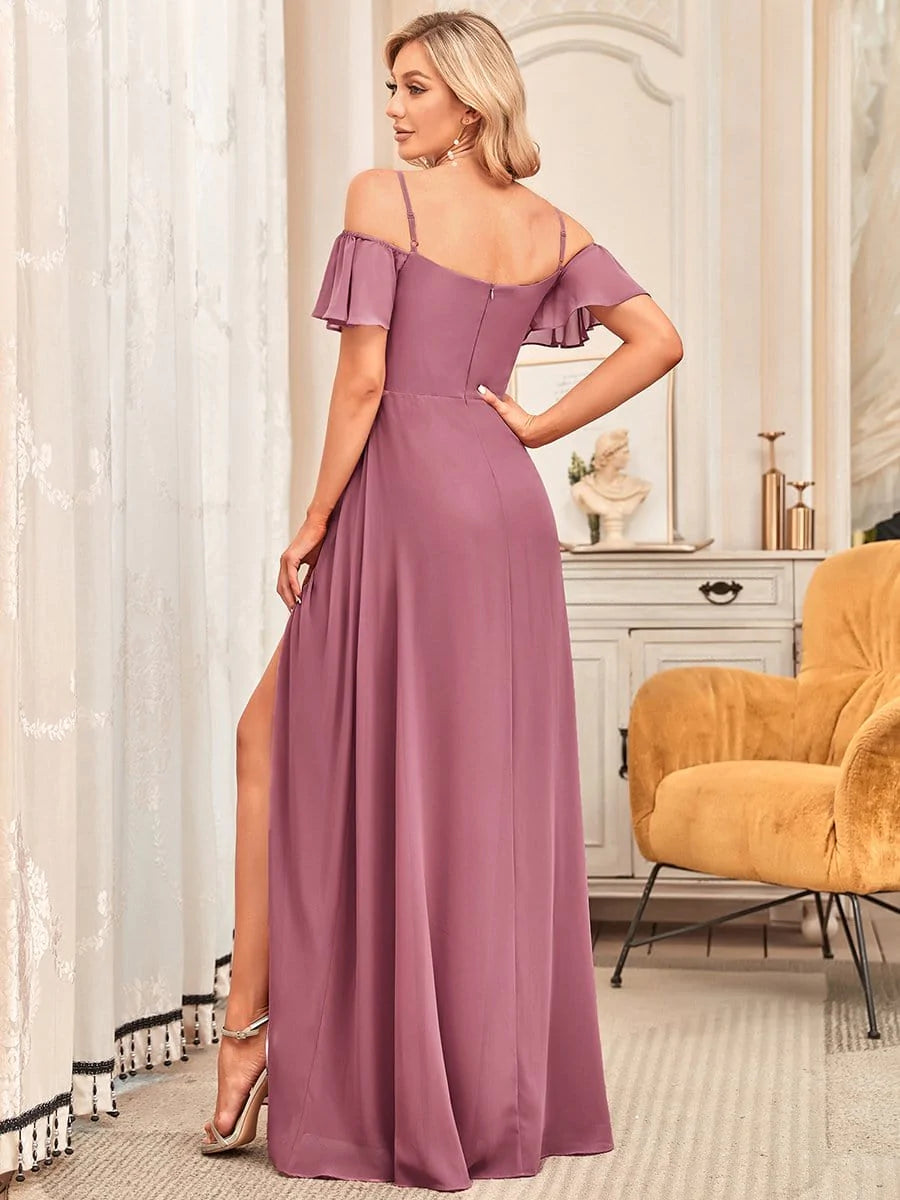 Größe Nach Maß Stilvolles bodenlanges Brautjungfernkleid mit kalter Schulter und seitlichem Schlitz #farbe_Orchid