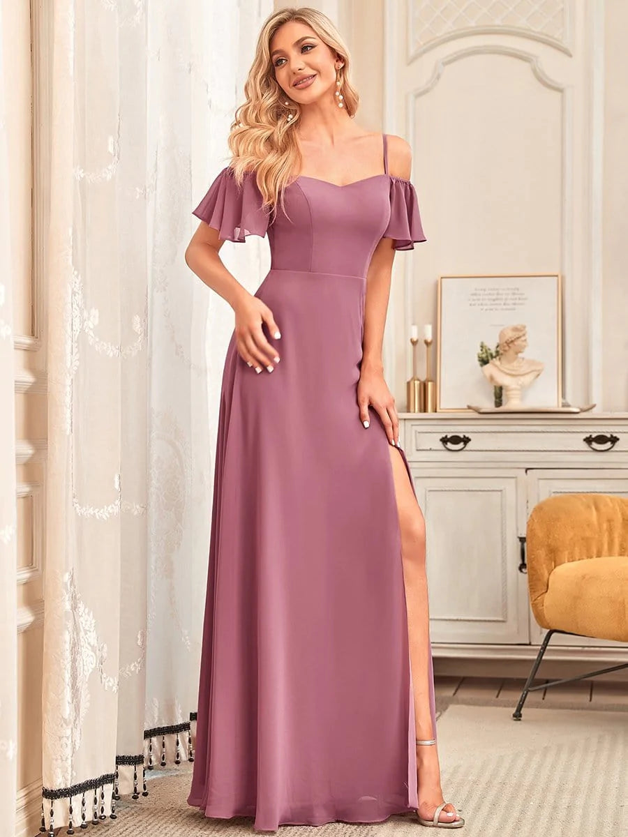 Größe Nach Maß Stilvolles bodenlanges Brautjungfernkleid mit kalter Schulter und seitlichem Schlitz #farbe_Orchid