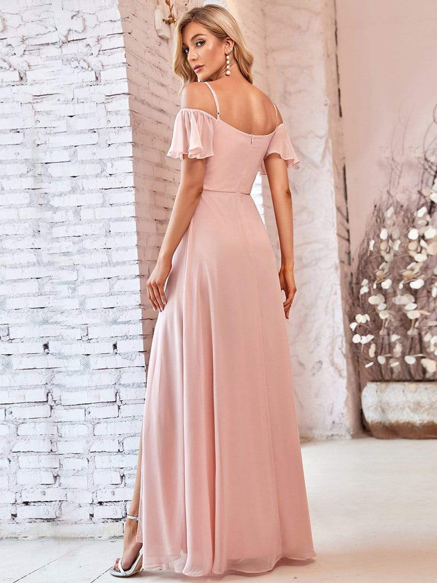 Größe Nach Maß Stilvolles bodenlanges Brautjungfernkleid mit kalter Schulter und seitlichem Schlitz #farbe_Rosa