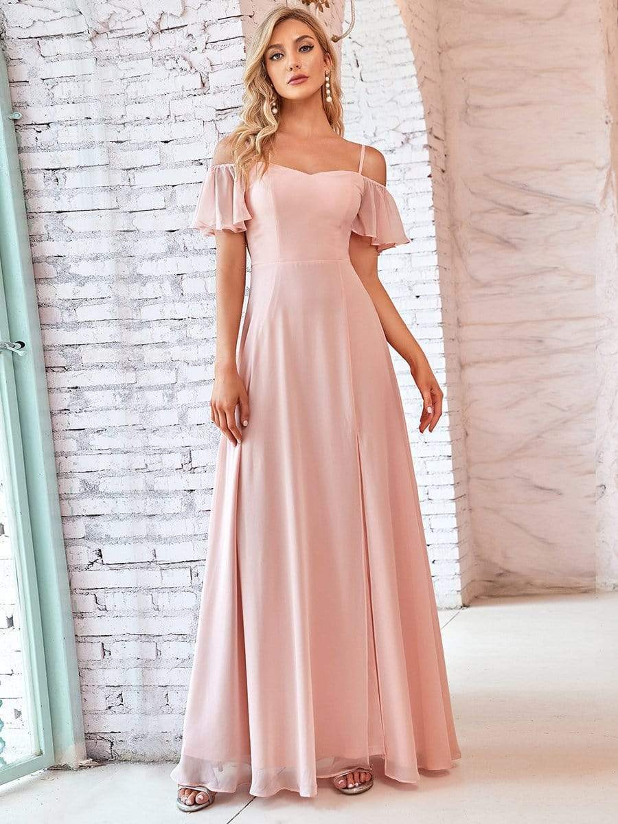 Größe Nach Maß Stilvolles bodenlanges Brautjungfernkleid mit kalter Schulter und seitlichem Schlitz #farbe_Rosa