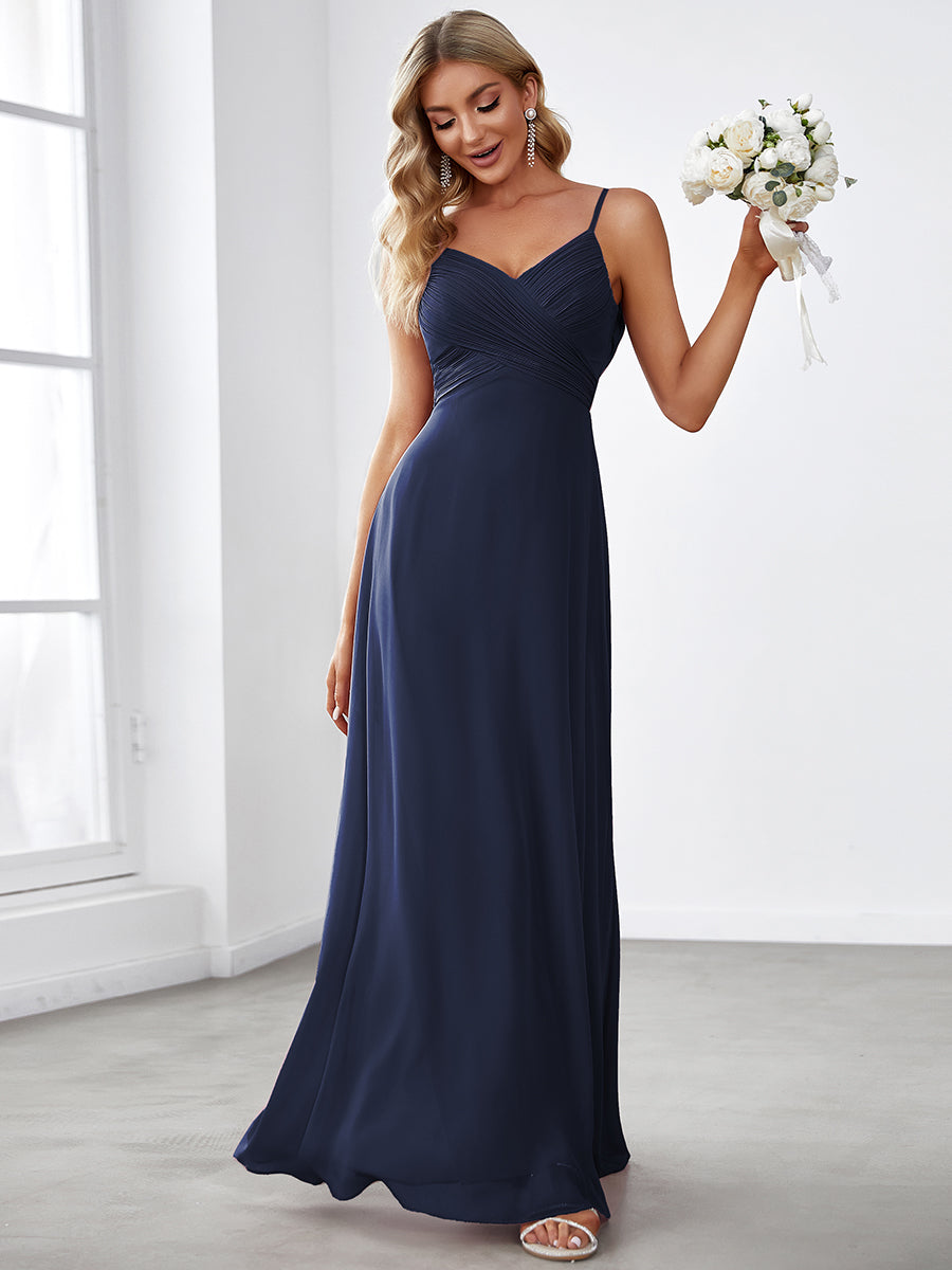 Größe Nach Maß Brautjungfernkleid mit überkreuzten Spaghettiträgern und V-Ausschnitt #farbe_navy blau