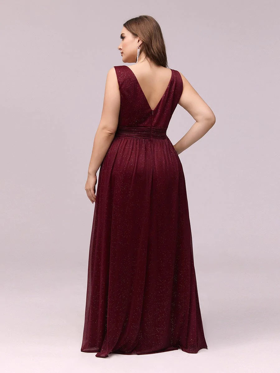 V-Ausschnitt Ärmelloses Chiffon A-Linie Lang Hochzeitsgast Kleider Große Größen #Farbe_Burgundy